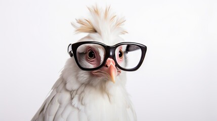 Mimicking the vibrant colors and whimsical style of Frida Kahlo, envision a portrait of a white chicken sporting black rimmed glasses against a plain white background