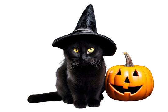 Black cat in halloween hat lying on the floor isolated on white background. Generative AI.