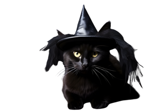 Black cat in halloween hat lying on the floor isolated on white background. Generative AI.