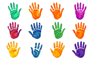 Cartoon hands abstract drawn comic. Set of Hand multicolored different signs and symbols. Drawing style Sticker decals. Generative AI.