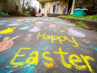 "Happy Easter" written in colorful chalk on a sidewalk, surrounded by children's drawings of eggs and bunnies