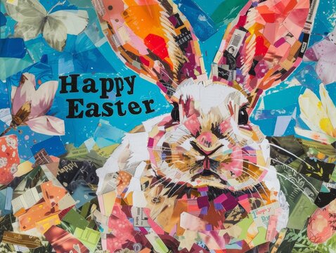 "Happy Easter" made from a collage of colorful magazine clippings, on a bulletin board 