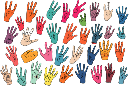 Cartoon hands abstract drawn comic. Set of Hand multicolored different signs and symbols. Drawing style Sticker decals. Generative AI.