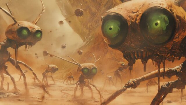 Vintage martians on the surfice of mars with huge glowing green eyes animation