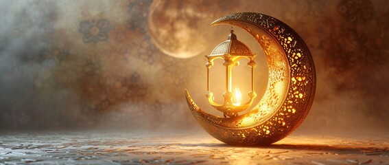 Golden Lamp with Moon and Star, Celebrating the Spirit of Ramadan Generative AI - obrazy, fototapety, plakaty