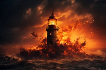 Poster realistics In midst of a tempestuous lightning storm, a solitary lighthouse stands tall, its isolated structure a beacon of hope amidst tumultuous sea, guiding ships safely through chaos © Tony