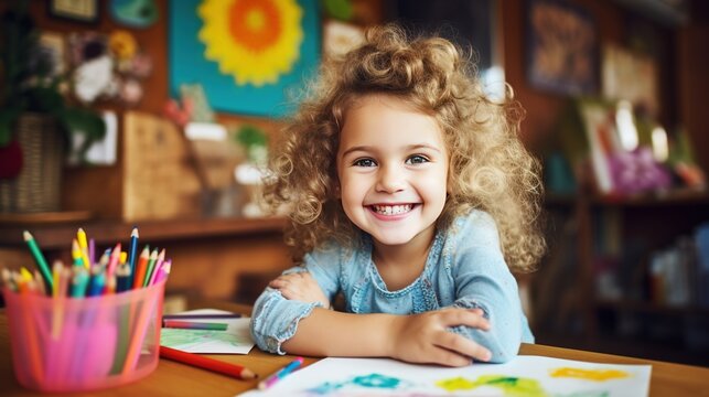Naturalistic depiction of an adorable child showcasing creativity while coloring a picture with vibrant markers at a wooden table in a kindergarten classroom