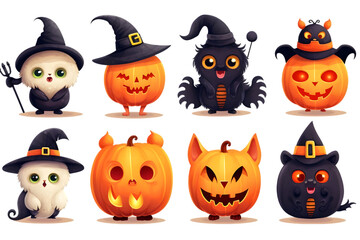 Cute Funny halloween set collection isolated on white background. Generative AI.