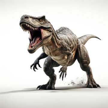 Fierce Tyrannosaurus Rex dinosaur roaring on a plain white background with dynamic pose and detailed textures.