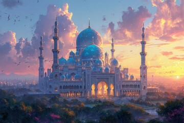 Arabian Nights: A Majestic Mosque in the Sky Generative AI - obrazy, fototapety, plakaty
