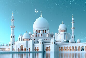 Moonlit Night at the Grand Mosque: A Spectacular View of the White Mosque and its Minarets Generative AI
