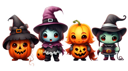 Obraz premium Cute halloween cartoon characters isolated on white background. Generative AI.