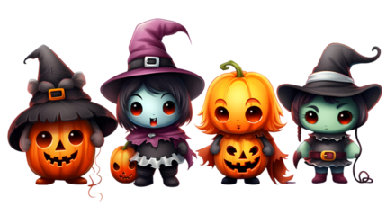 Cute halloween cartoon characters isolated on white background. Generative AI.