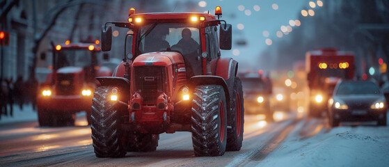 Heavy Tractor On The Street Of A Winter City. Illustration On The Theme Of Technology And...