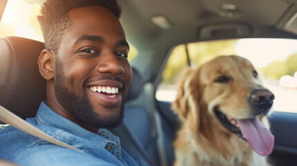 moment of joy as a young man with a bright smile is seated in a car, with a golden retriever beside him - obrazy, fototapety, plakaty
