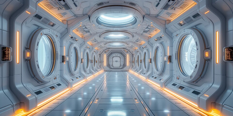 Gigantische Raumstation Innenausstattung mit vielen LED Lichter, ai generativ