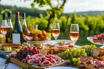 Cheese and fruits assortment on cutting board with white wine. Romantic picnic with wineglasses,...