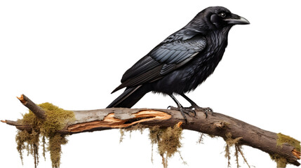 Fototapeta premium Cute raven, sitting on a tree isolated on white background. Generative AI.