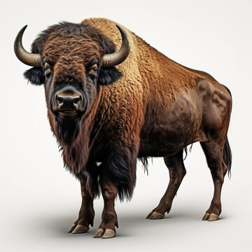 A bison standing on white background, full body profile of wild buffalo.