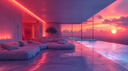 Modern bedroom with a cosmic light, futuristic design