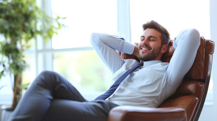 Young happy confident relaxed businessman on chair in his office