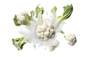 Falling cauliflower isolated on white background. Generative AI.