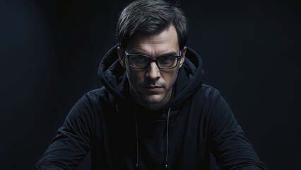 Man wearing glasses and a black hoodie. He is seated with his hands on a surface in front of him. The background is black and there is a spotlight shining on him.