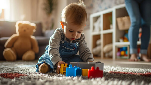 young child is focused on playing with colorful building blocks on a plush carpet