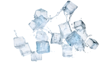 Falling ice cubes isolated on white background. Generative AI.