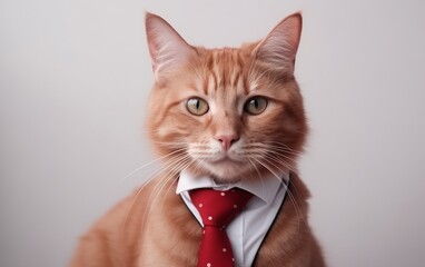 Red cat in a classic suit with a tie, on a light background 