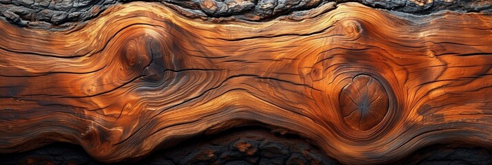 Close-up of a textured tree stump with dark and rich patterns, highlighting the organic and...