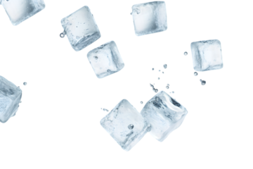 Falling ice cubes isolated on white background. Generative AI.