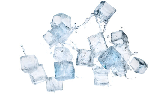 Falling ice cubes isolated on white background. Generative AI.