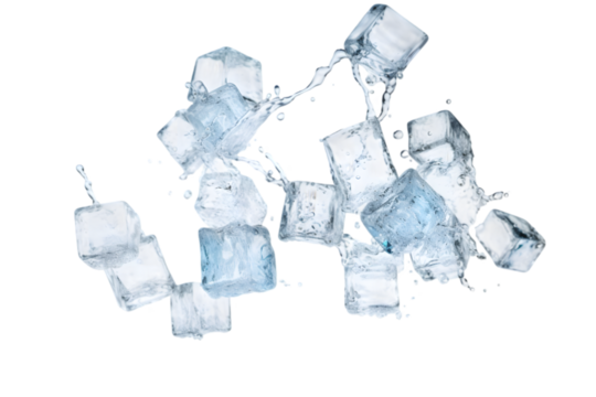 Falling ice cubes isolated on white background. Generative AI.