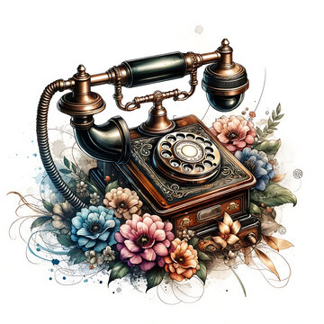 Vintage phone with flowers, generative ai