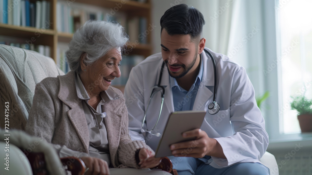 Poster young doctor is showing something on a tablet to an elderly female patient in a clinical setting