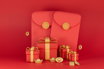 3D rendering red envelopes and gifts illustration