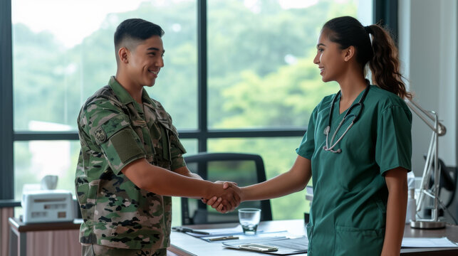 cheerful interaction where a soldier in camouflage attire is shaking hands with a smiling medical professional