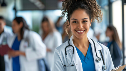 young female healthcare professional with a stethoscope - obrazy, fototapety, plakaty
