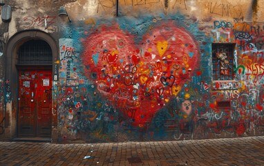 Heart-Shaped Graffiti on a Brick Wall: A Love-Filled Expression of Street Art Generative AI