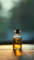 vertical background with copy space displaying a small bottle of golden cuticle oil on a reflective surface, providing a warm ambiance for product placement.