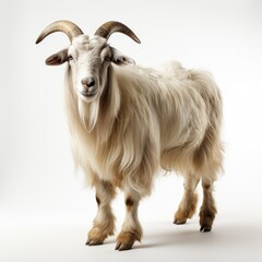 Fototapeta premium Majestic white goat with long fur and curved horns standing against a clean white background.