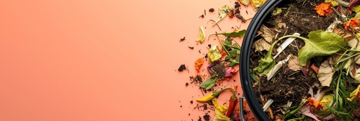 Background with copy space and peach color and an open compost bin filled with organic waste on a pastel pink backdrop. - obrazy, fototapety, plakaty