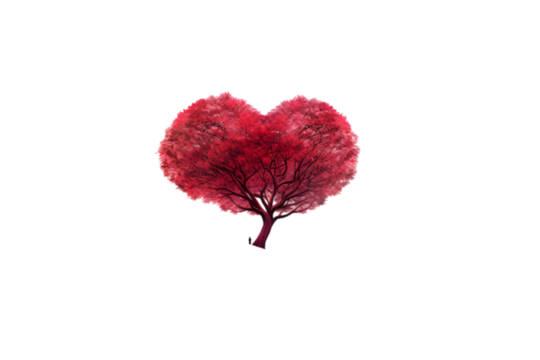 fantasy landscape with red tree in shape of heart isolated on white background. Generative AI.