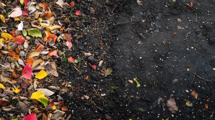 Obraz premium Background with copy space and a compost pile filled with leaves and organic debris on the left side, representing the natural process of waste decomposition and recycling.