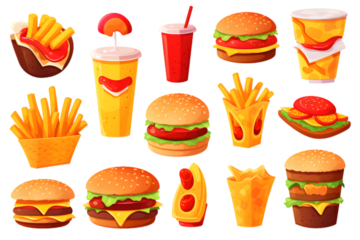 Fast food 3d cartoon vector icon set isolated on white background. Generative AI.