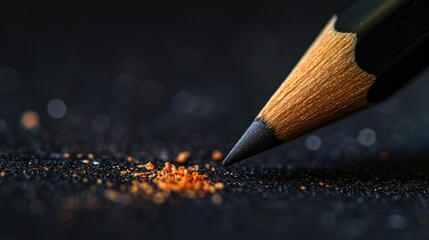 Banner featuring a close-up of a sharpened eye pencil with shavings scattered around, depicting precision and the tools of makeup artistry against a dark backdrop with copy space for text. - obrazy, fototapety, plakaty