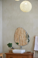 The bathroom is eco-style. Lots of light, straw and wooden accessories. Minimalism and simplicity - 723748116