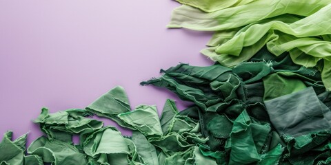 Background with copy space and assorted green fabric scraps on a pastel purple surface, representing textile recycling and sustainable fashion.