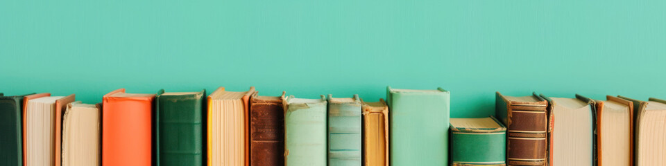 Background with copy space and a row of colorful hardcover books against a teal backdrop. - obrazy, fototapety, plakaty
